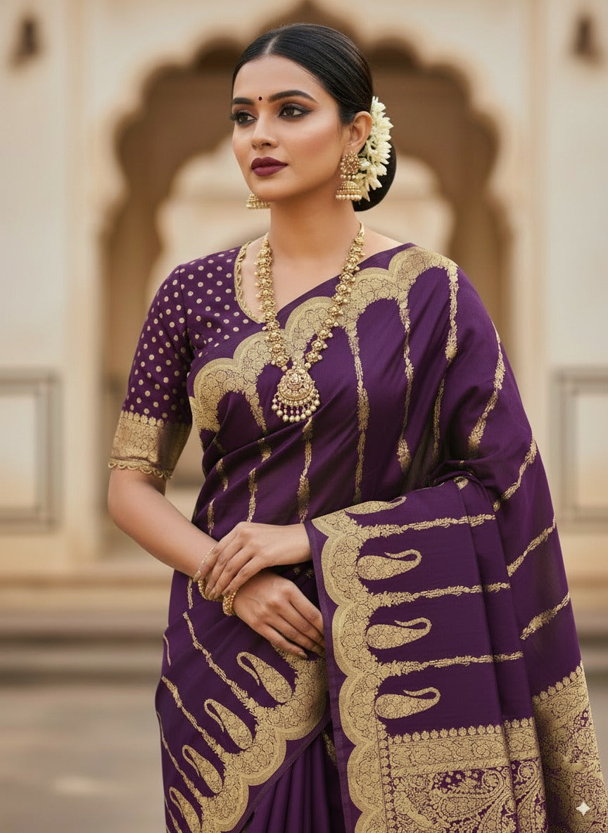 SUTHRA- Suthra Banarasi Golden Zari Work Saree with Golden Zari Work | Elegant Party & Wedding Wear”