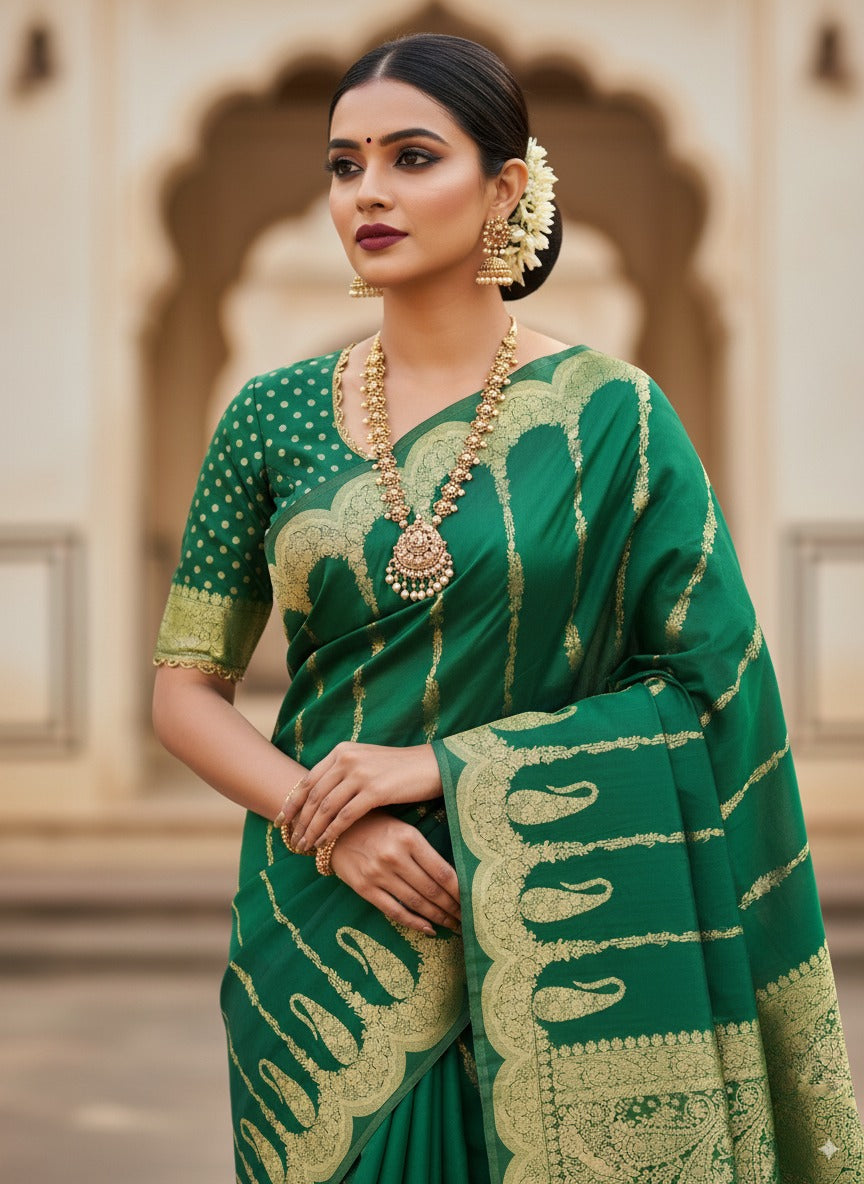 SUTHRA- Suthra Banarasi Golden Zari Work Saree with Golden Zari Work | Elegant Party & Wedding Wear”