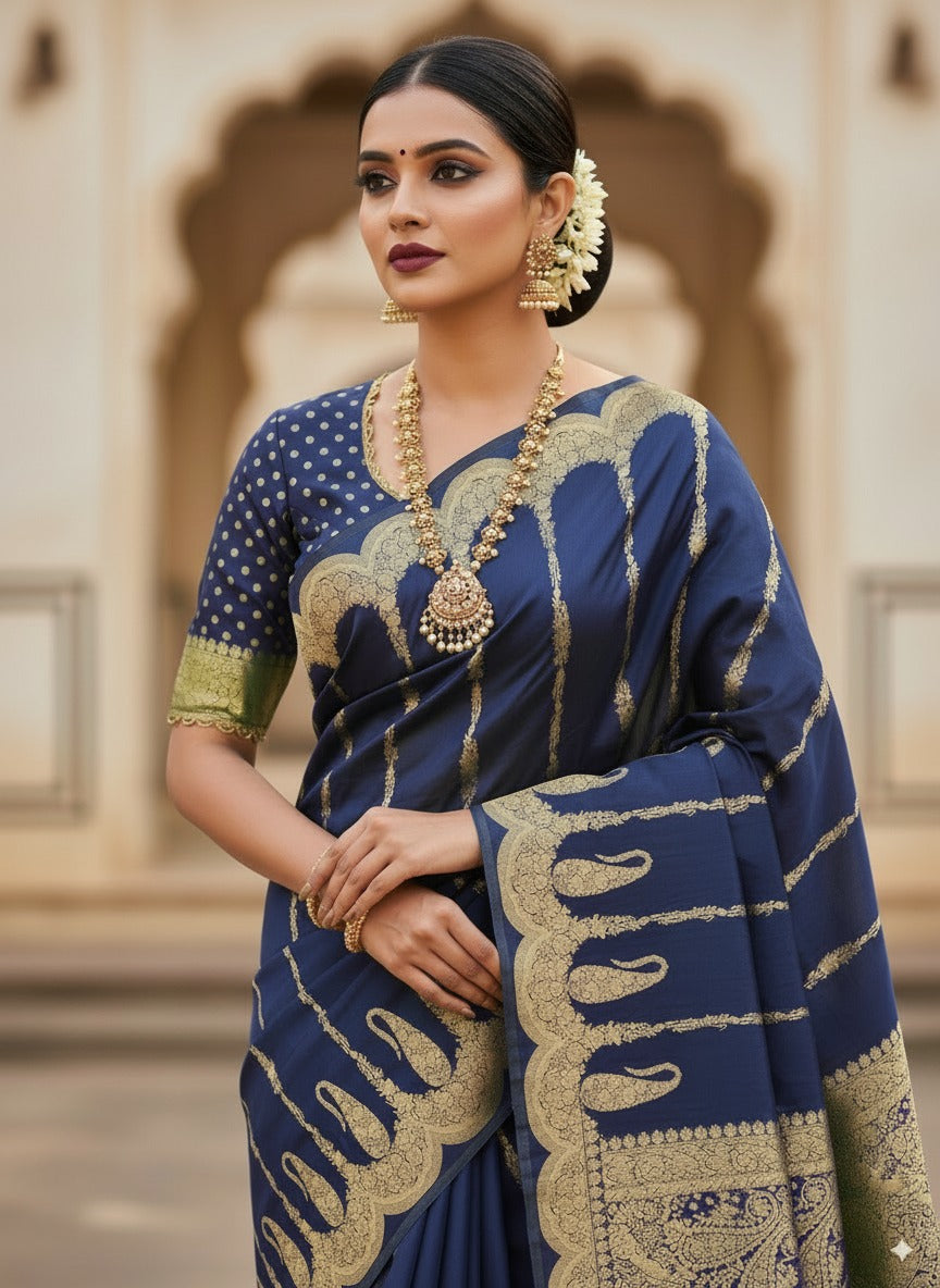 SUTHRA- Suthra Banarasi Golden Zari Work Saree with Golden Zari Work | Elegant Party & Wedding Wear”