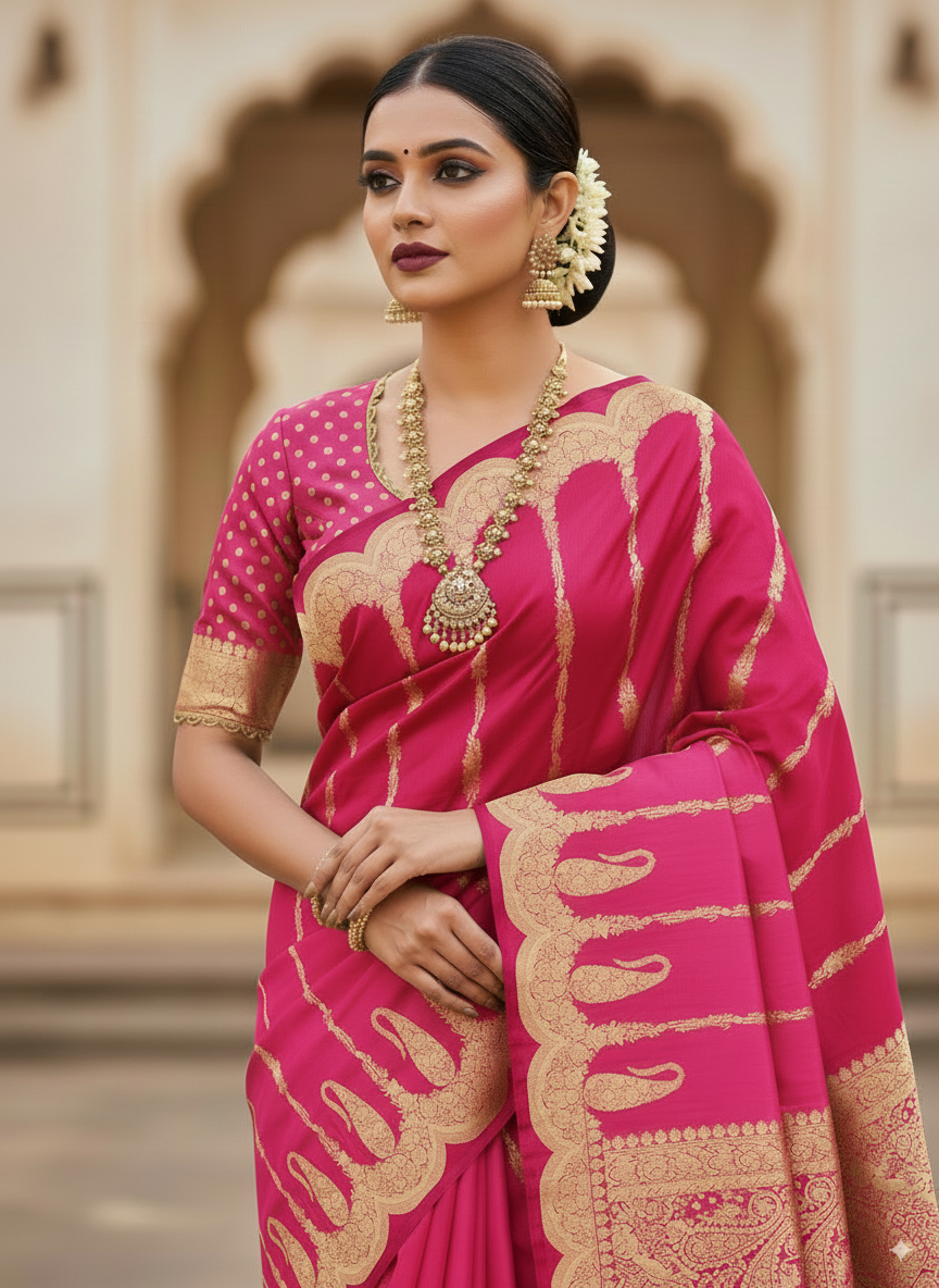 SUTHRA- Suthra Banarasi Golden Zari Work Saree with Golden Zari Work | Elegant Party & Wedding Wear”